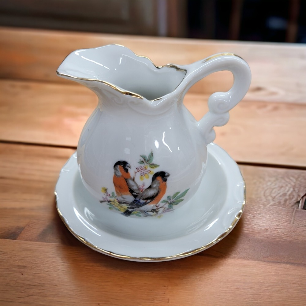 Vintage Porcelain Small Pitcher Jug & Basin Dish Set Birds Orioles Gold Trim